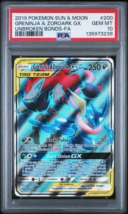 2019 Pokemon S&M Unbroken Bonds Full Art Greninja & Zoroark GX #200 PSA 10 ES6 - Image 1
