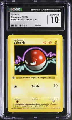 Pokemon Voltorb Base Set Shadowless 1st Edition #67 CGC 10 GEM MINT - Image 1