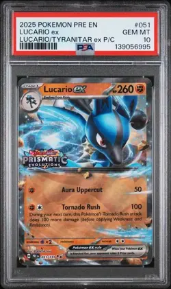 2025 POKEMON PRE EN-PRISMATIC EVOLUTIONS #051 LUCARIO EX PSA 10 STAMPED - Image 1
