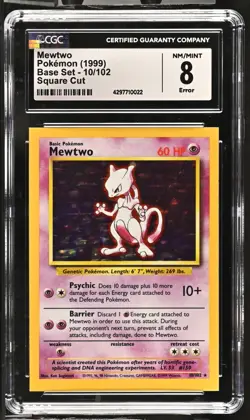 CGC 8 - 1999 Base Set Mewtwo 10/102 ERROR Square Cut HOLO Base Set Pokemon Card - Image 1