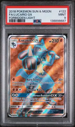 PSA 9 2018 Pokemon Lucario GX (Full Art) 122/131 Sm-Forbidden Light Holo - Image 1