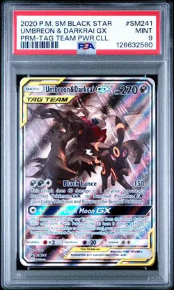 2020 POKEMON SM BLACK STAR PROMO #SM241 UMBREON & DARKRAI GX PSA 9 - Image 1