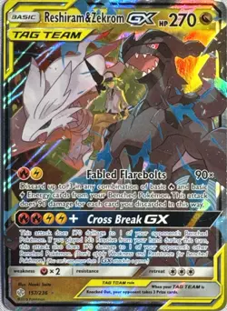 Reshiram & Zekrom GX 157/236 Holo GX Rare Cosmic Eclipse Pokemon Heavily Played - Image 1