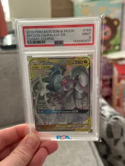 2019 POKEMON SUN & MOON COSMIC ECLIPSE #156 ARCEUS & DIALGA & PALKIA GX PSA 9 - Image 1