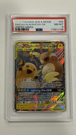 Pokemon Raichu & Alolan Raichu GX 54/236 Unified Minds PSA 8 Ultra Rare Holo - Image 1
