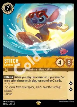2023 DISNEY LORCANA EN 1-THE FIRST CHAPTER 21 STITCH - CAREFREE SURFER FOIL - Image 3
