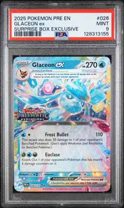 POKEMON 2025 PRISMATIC EVOLUTIONS GLACEON EX SURPRISE BOX STAMPED 026 PSA 9 - Image 1