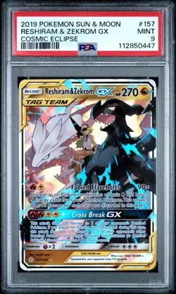 Pokemon PSA 9 Reshiram & Zekrom GX 157/236 Holo Ultra Rare Cosmic Eclipse Mint - Image 1