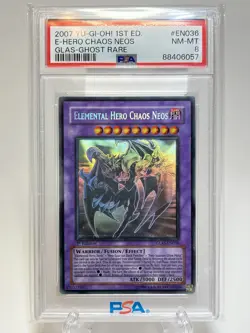 Yugioh Elemental Hero Chaos Neos 1st Ed. Ghost Rare GLAS-EN036 PSA 8 - Image 1