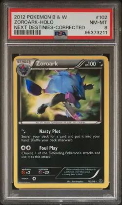 2012 POKEMON BLACK & WHITE NEXT DESTINIES CORRECTED #102 ZOROARK-HOLO PSA 8 - Image 1