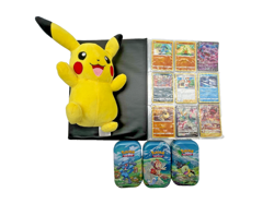 Pokemon TCG Card Bundle Binder 3 Mini Tins and Pikachu Plush Toy | C46 G257 - Image 1