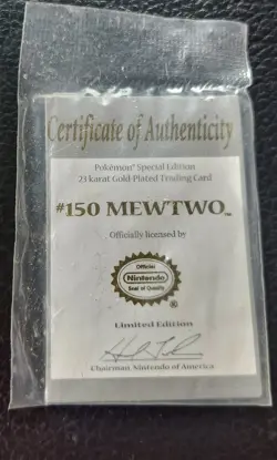 1999 Pokemon MEWTWO 23K GOLD PLATED Trading Card Nintendo Authentication Card - Image 3