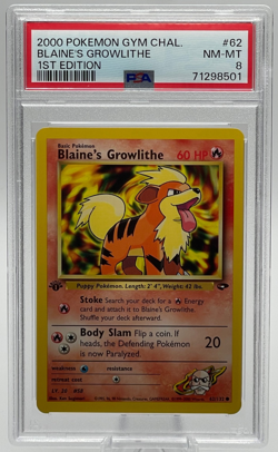 2000 POKEMON GYM CHALLENGE #62 BLAINE'S GROWLITHE 1ST EDITION PSA 8 NM-MT - Image 1