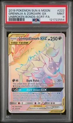 2019 Pokemon Greninja & Zoroark GX Secret 222/214 Unbroken Bonds PSA 9 - Image 1