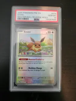 2025 Pokemon Prismatic Evolutions Eevee Reverse Holo Master Ball #074/131 PSA 10 - Image 1
