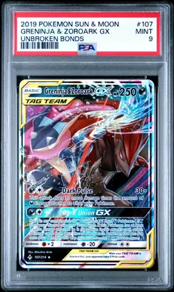 GRENINJA & ZOROARK GX 2019 POKEMON UNBROKEN BONDS RARE 107/214 PSA 9 - Image 1