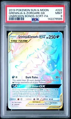 PSA 9 GRENINJA ZOROARK GX 222 UNBROKEN BONDS SECRET RAINBOW SUN & MOON POKEMON - Image 1