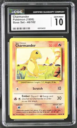 CGC 10 GEM MINT Charmander 1999 Base Set 46/102 Pokemon Card - Image 1