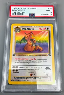 199 Pokemon WOTC Fossil - 1st Edition - 19/62 Dragonite Non-Holo PSA 9 - Image 1