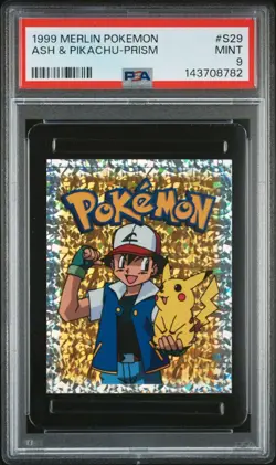 PSA 9 MINT 1999 MERLIN POKEMON S29 ASH & PIKACHU-PRISM - Image 1