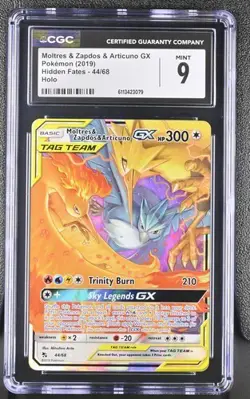 CGC 9 MOLTRES ZAPDOS & ARTICUNO GX 44 HIDDEN FATES SUN & MOON TAG TEAM POKEMON - Image 1