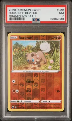 2020 POKEMON SWORD & SHIELD CHAMPION'S PATH 029 ROCKRUFF-REVERSE FOIL PSA 7 2830 - Image 1