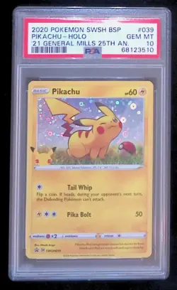 2020 Pokemon Black Star Promo Pikachu General Mills 25th Holo SWSH039 PSA 10 - Image 1