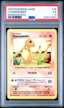 1999 POKEMON BASE SET SHADOWLESS #46 CHARMANDER PSA 5 - Image 1