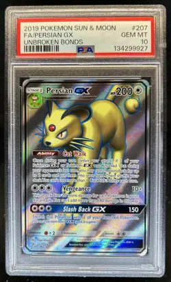 2019 Pokemon SM Unbroken Bonds Persian GX Full Art #207/214 PSA 10 GEM MINT - Image 1