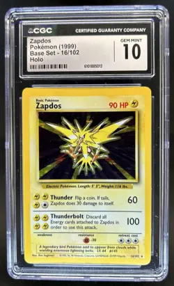 1999 Pokemon Unlimited Zapdos Holo Rare #16/102 CGC 10 - Image 1