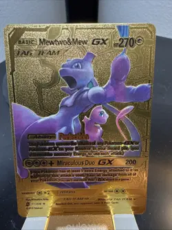 Pokemon Mewtwo & Mew GX Tag Team 270hp Gold Foil Fan Art Collector Card TCG - Image 1