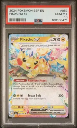 2024 POKEMON SSP EN-SURGING SPARKS #057 PIKACHU EX PSA 10 - Image 1