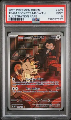 2025 Pokemon DRI En Team Rocket's Meowth Illustration Rare #203 PSA 9 Mint - Image 1