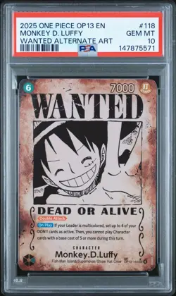 2025 One Piece OP13 En Monkey D Luffy Wanted Alternate Art #118 PSA 10 Gem Mint - Image 1