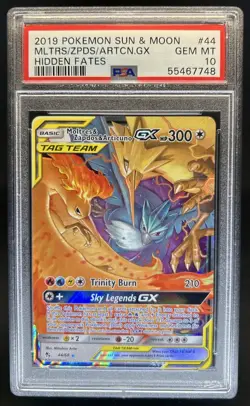2019 Pokemon SM Hidden Fates Moltres & Zapdos Articuno Tag Team GX #44/68 PSA 10 - Image 1