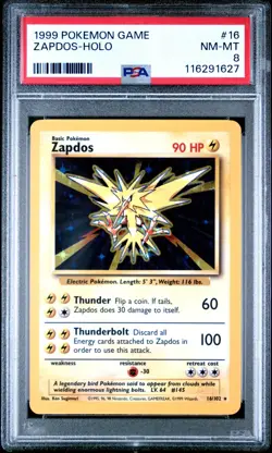 1999 Pokemon Base Set Unlimited English 16/102 Zapdos Holo PSA 8 - Image 1