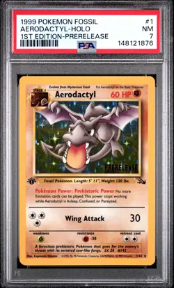 1999 POKEMON FOSSIL 1ST EDITION-PRERELEASE #1 AERODACTYL-HOLO PSA 7 - Image 1