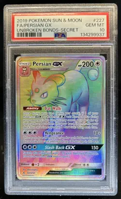 2019 Pokemon SM Unbroken Bonds Persian GX Full Art #227/214 PSA 10 GEM MINT - Image 1