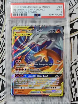 Reshiram & Charizard GX 20 Sun & Moon Unbroken Bond Tag Team Pokemon PSA 9 (095) - Image 1