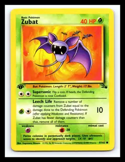 💥 Zubat 57/62 1st Edition Stamp Fossil Rare Non Holo Foil Pokemon Card 1999 - Image 1