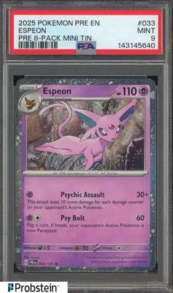 2025 Pokemon PRE EN PRE 8-Pack Mini Tin #033 Espeon PSA 9 MINT - Image 1