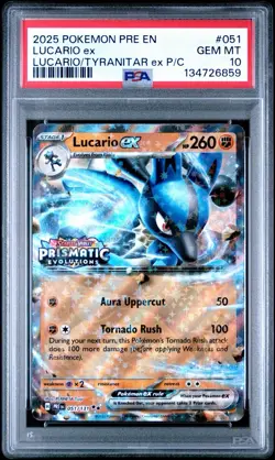 2025 POKEMON PRE EN-PRISMATIC EVOLUTIONS #051 LUCARIO EX PSA 10 STAMPED - Image 1