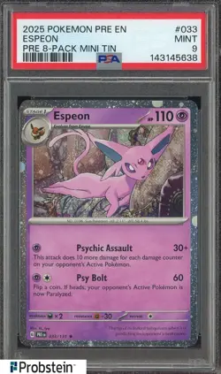 2025 Pokemon PRE EN PRE 8-Pack Mini Tin #033 Espeon PSA 9 MINT - Image 1