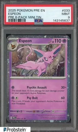 2025 Pokemon PRE EN PRE 8-Pack Mini Tin #033 Espeon PSA 9 MINT - Image 1