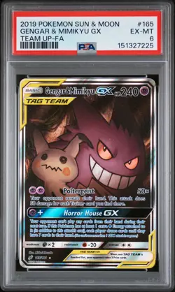 2019 POKEMON SUN & MOON TEAM UP #165 FULL ART/GENGAR & MIMIKYU GX PSA 6 - Image 1