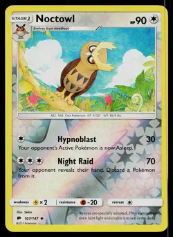 Pokemon Card Burning Shadows Noctowl 107/147 Uncommon Reverse Holo - Image 1