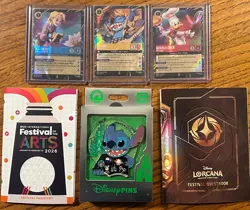Disney Lorcana Festival Stitch Rapunzel Donald Duck EPCOT Promo Cards Jumbo Pin - Image 1