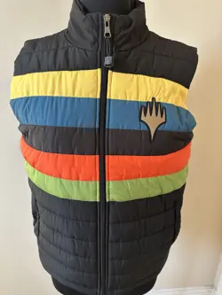 Magic The Gathering MTG Black Puffer Vest with rainbow stripes and logo sz S - Image 1