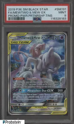 2019 Pokemon SM BSP Power Partnership Tins #SM191 FA Mewtwo & Mew Gx PSA 10 - Image 1