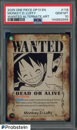 2025 One Piece OP13 EN Wanted Alternate Art #118 Monkey D Luffy PSA 10 GEM MINT - Image 1